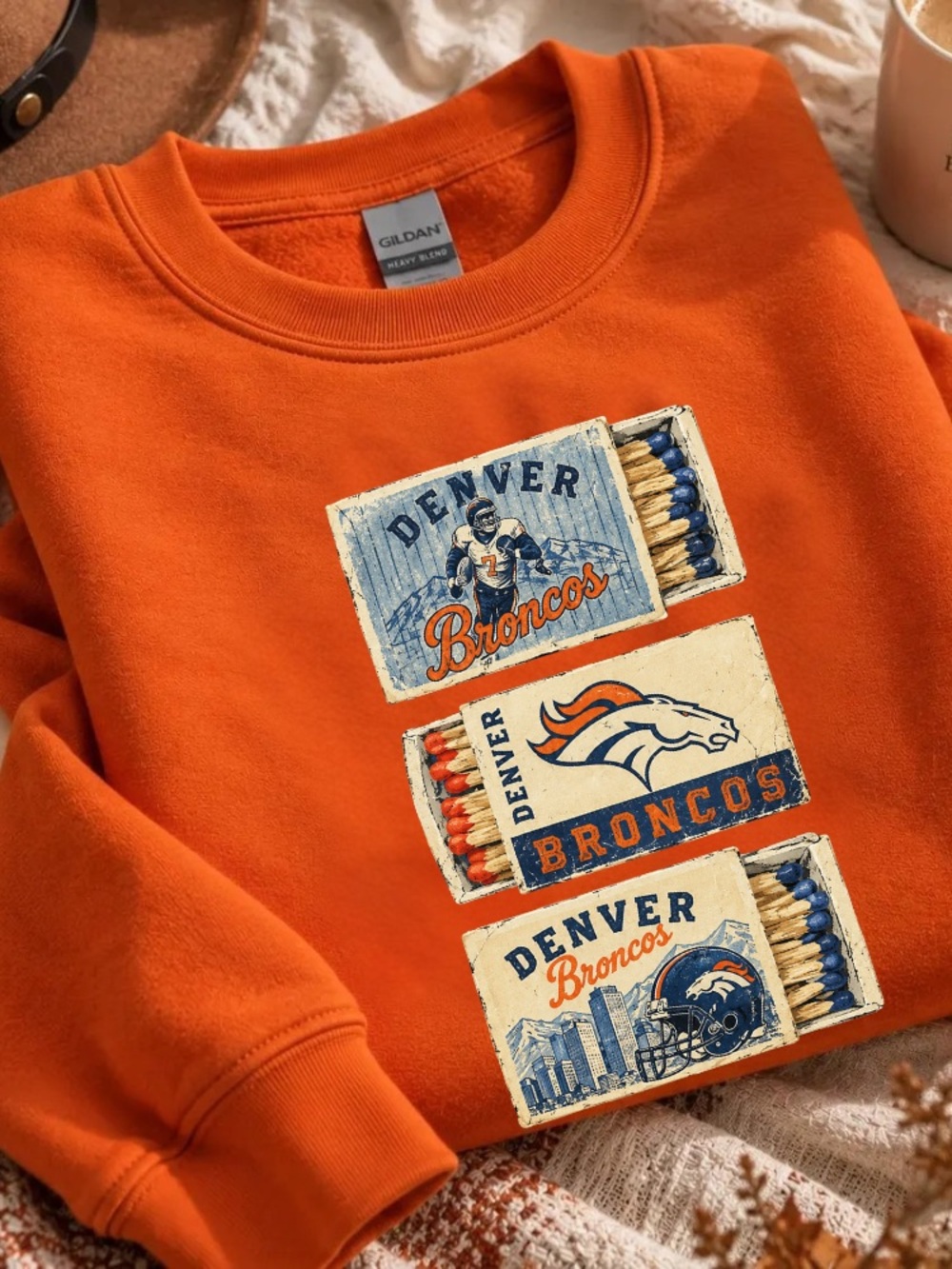 Denver Broncos Matchbox Matchboxes Logo Football Vintage Orange Sweatshirt